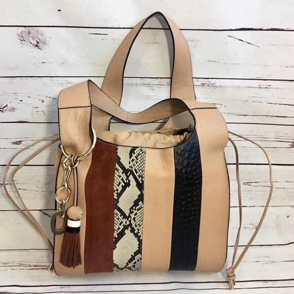 NEW Vince Camuto Suni Leather Shoulder Bag Tote Satchel Moccasin Stripe Purse - Picture 2 of 8